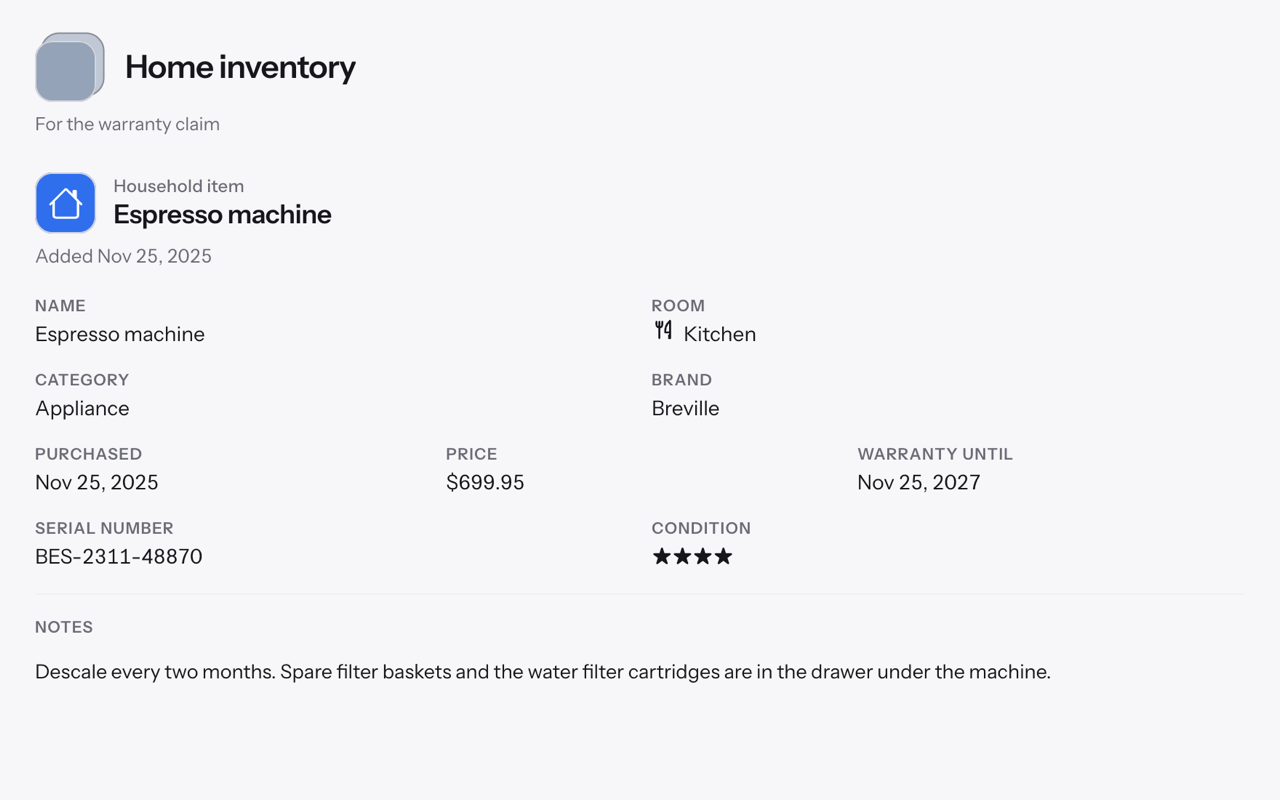 One item in keepr, read as a record: its room, brand, price, warranty date, serial number, condition and notes