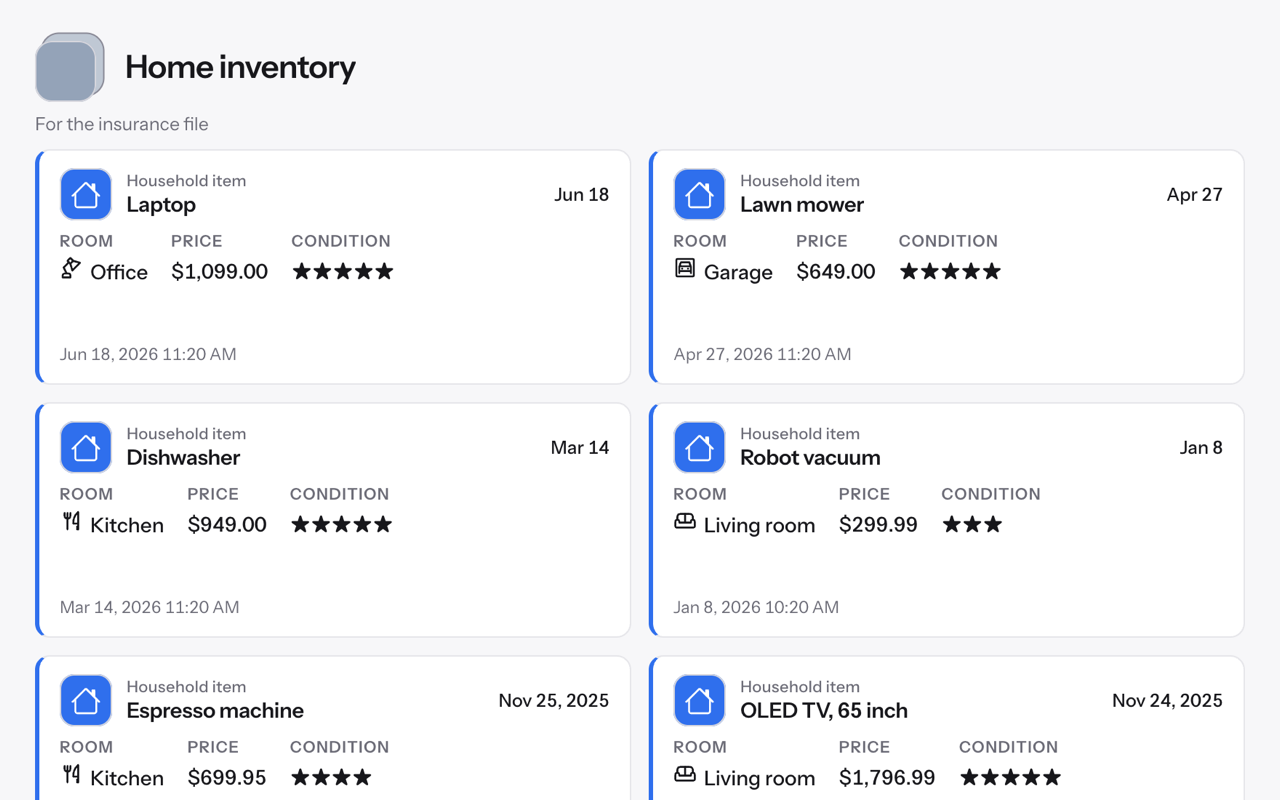 A household inventory in keepr: its items as tiles, each with the room it is in, its price and its condition